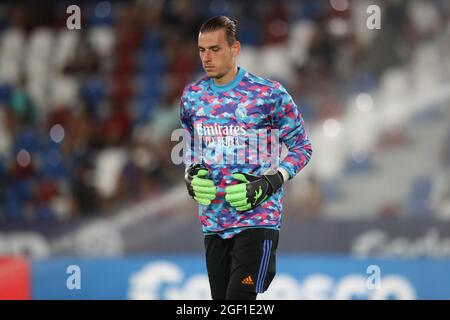 Valencia, Spagna. 22 agosto 2021. Andriy Lunin del Real Madrid durante la partita Liga tra Levante UD e Real Madrid all'Estadio Ciudad de Valencia, Spagna. Credit: DAX Images/Alamy Live News Foto Stock