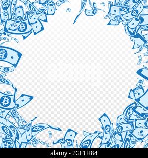 Bitcoin, Internet banconote in calo. Bollette BTC confuso su sfondo trasparente. Criptovaluta, denaro digitale. Ammirevole illustrazione vettoriale. Taglia Illustrazione Vettoriale
