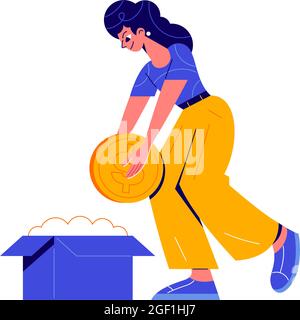 Crowdfunding composizione con carattere di ragazza che mette moneta in cartone casella vettore illustrazione Illustrazione Vettoriale