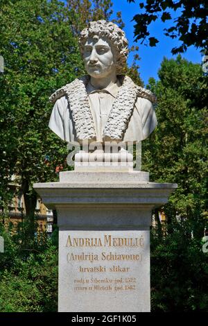 Busto del pittore rinascimentale italiano Andrea Schiavone alias Andrija Medulic (c.. 1510/15-1563) a Zagabria, Croazia Foto Stock