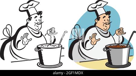 Un fumetto retrò d'epoca di uno chef nel suo condimento uniforme una pentola di zuppa. Illustrazione Vettoriale