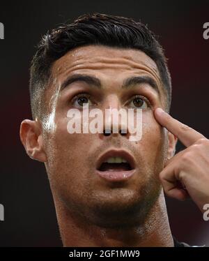 Udine. 23 Agosto 2021. Cristiano Ronaldo del FC Juventus reagisce durante una partita di calcio tra Udinese e FC Juventus a Udine, 22 agosto 2021 Credit: Xinhua/Alamy Live News Foto Stock