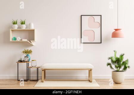 Il mockup parete interna nel soggiorno ha sedia e decorazione muji, rendering 3d Foto Stock