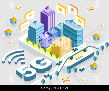 5G Smart City Future astratto o metropoli.Intelligent building automation system business concept.spazio isometrico con punti e linee connessi.Vect Illustrazione Vettoriale