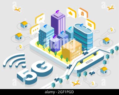 5G Smart City Future astratto o metropoli.Intelligent building automation system business concept.spazio isometrico con punti e linee connessi.Vect Illustrazione Vettoriale