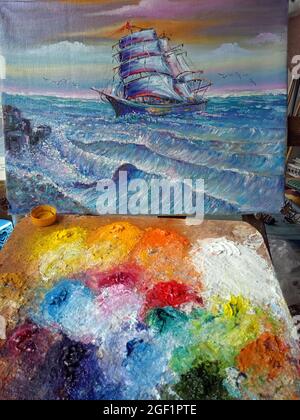 Pittura a olio d'arte barca a vela , barque in mare dalla thailandia , junk boat, arti visive Foto Stock