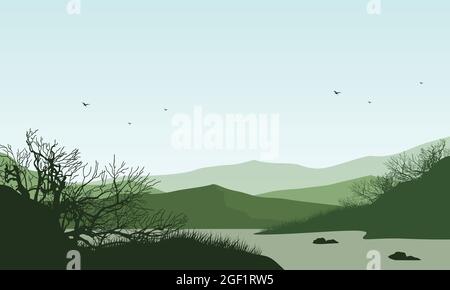 L'incredibile vista panoramica delle montagne dal lungofiume all'alba di mattina. Illustrazione vettoriale Illustrazione Vettoriale
