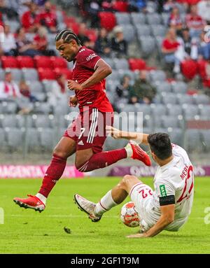 Monaco di Baviera, Germania. 22 agosto 2021. Serge Gnabry (UP) del Bayern Munich vies con Jorge Mere di Koeln durante una partita tedesca Bundesliga tra Bayern Munich e FC Koeln a Monaco di Baviera, Germania, 22 agosto 2021. Il Bayern Munich ha vinto 3-2. Credit: Philippe Ruiz/Xinhua/Alamy Live News Foto Stock