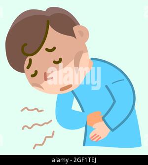 Mal di stomaco e di pancia o problemi di salute concetto. Tipo che tiene le mani sopra lo stomaco. Illustrazione vettoriale in stile piatto. Illustrazione in stock Illustrazione Vettoriale