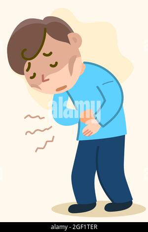 Mal di stomaco e di pancia o problemi di salute concetto. Tipo che tiene le mani sopra lo stomaco. Illustrazione vettoriale in stile piatto. Illustrazione in stock Illustrazione Vettoriale