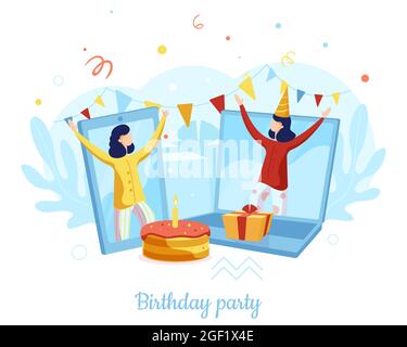 Le ragazze festeggiano il compleanno a distanza da casa, illustrazione vettoriale. Festa online, riunione virtuale. App chat per videochiamate. Illustrazione Vettoriale