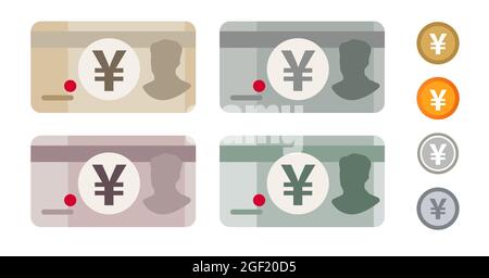 Yen Giappone Japanese banca banconote valuta icona set raccolta carta denaro e moneta Illustrazione Vettoriale