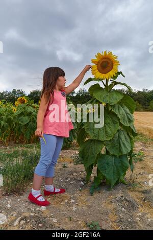 immagine verticale di una ragazza che tocca un girasole con un volto felice e cielo nuvoloso. Foto Stock