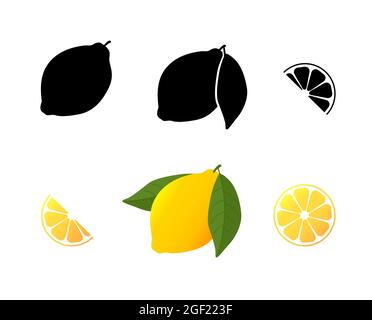Metà e fetta di limone giallo. Set icona Lemon clolor maturo e nero. Illustrazione Vettoriale