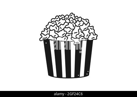 Popcorn disegnato a mano in scatola a righe. Snack da cinema in stile doodle. Illustrazione vettoriale isolata su sfondo bianco. Nero e mentre Illustrazione Vettoriale