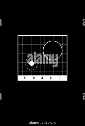 T-shirt Space e design di abbigliamento. Griglia con oggetti spaziali, buco nero e pianeta con orbita e spazio del titolo. Stampa in bianco e nero. Vettore Illustrazione Vettoriale