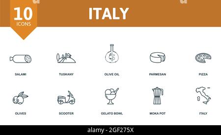 Set di icone per l'Italia. Contiene icone modificabili tema italia come salame, olio d'oliva, pizza e altro ancora. Illustrazione Vettoriale