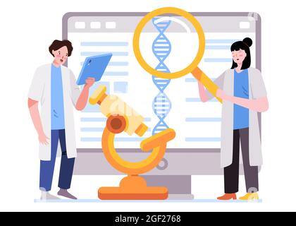In bioinformatica per le sequenze di DNA, il ricercatore sta ricercando test e analisi del DNA utilizzando terminazione a catena con microscopio Illustrazione Vettoriale
