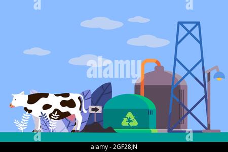 impianto di tecnologia a biogas che produce gas da attività biologiche di mucche in processi di fermentazione anaerobica e come energia rinnovabile Illustrazione Vettoriale