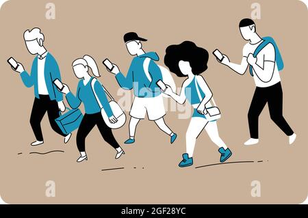 Persone che fissano lo smartphone a piedi Illustrazione Vettoriale