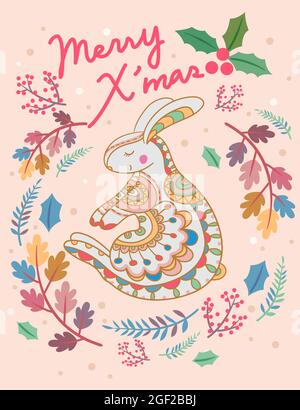 Carino coniglio scheda di Natale con iscrizione scritta. Illustrazione vettoriale Illustrazione Vettoriale