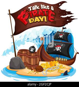 Parla come un banner del Pirate Day con una nave pirata sull'isola Illustrazione Vettoriale