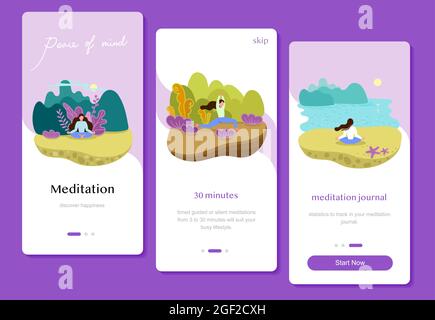 Pagina di app mobile di stile di vita sano a bordo schermo impostato per il sito web, Donne all'aperto Sport esercizio, Fitness, allenamento in diverse pose, stretching. Circa Illustrazione Vettoriale