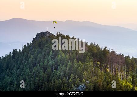 Magnifica vista panoramica sulla cima dell'OSSER nella Foresta Bavarese, bayerischer Wald, montagna tramonto foresta verde valle Foto Stock