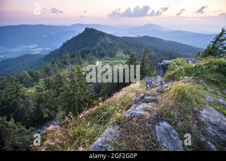 Magnifica vista panoramica sulla cima dell'OSSER nella Foresta Bavarese, bayerischer Wald, montagna tramonto foresta verde valle Foto Stock