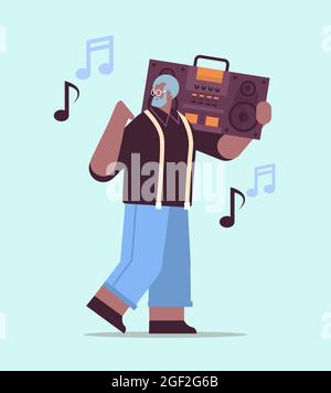 senior african american man con basso clipping ghetto blaster recorder ascoltare musica nonno divertirsi Illustrazione Vettoriale