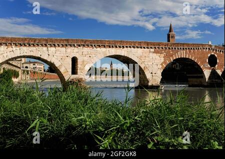 Campanile della Chiesa di San Tomaso Becket incorniciato da un arco romano ricostruito di Ponte pietra a dorso di asino sul fiume Adige a Verona, Veneto, Italia. L'ex Pons Marmoreus portava l'importante via romana Postumia. I Romani ricostruirono la struttura originaria in pietra bianca, ma in epoca medievale, spesso crollò. La ritirata delle forze tedesche fece esplodere quattro dei cinque archi del Ponte pietra nel 1945 e fu ricostruita nel 1957-9 utilizzando centinaia di blocchi di pietra romana e mattoni medievali recuperati dal fondo del fiume. Foto Stock