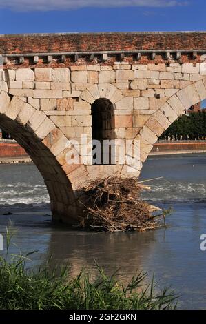 I detriti alluvionali lavati contro un antico molo del Ponte pietra romano a Verona, Veneto, Italia, ci ricordano come l'acqua di fusione alpina che si è impennata abbia spesso distrutto o danneggiato sia questo ponte che altri che attraversano il fiume Adige. Tuttavia, la devastazione più recente è avvenuta nell'aprile del 1945, quando il ritiro delle truppe tedesche ha fatto esplodere quattro dei cinque archi. La campata di 92,8 m (304 piedi) fu ricostruita nel 1957-9 riutilizzando blocchi romani di pietra bianca della Valpolicella e mattoni di argilla medievale recuperati dal letto del fiume. Foto Stock