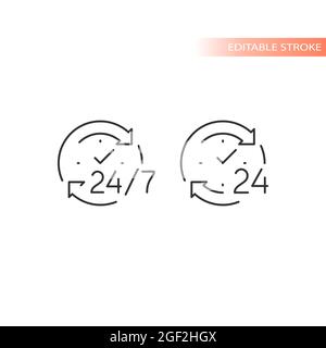 24 7 icona del vettore di loop circolare con freccia non-stop. Contorno del tratto modificabile per il servizio di 24 ore. Illustrazione Vettoriale