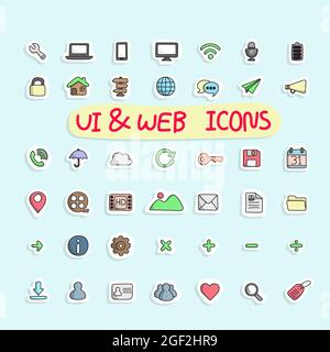 set di icone di disegno adesivo di ui e illustrazione vettoriale internet disegnate a mano su sfondo blu Illustrazione Vettoriale