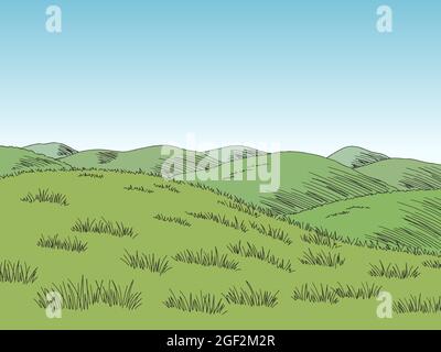 Vettore di illustrazione dello schizzo orizzontale a colori grafici sulle colline Illustrazione Vettoriale