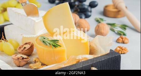 Impilare il Camembert con uva, noci e basilico su cemento grigio chiaro o pietra. Messa a fuoco selettiva. Foto Stock