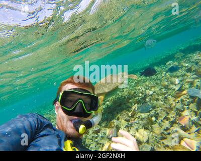 GO SLOW ISLAND, BELIZE - 02 ago 2018: Un avventuroso giovane maschio snorkeling in mare indossando una maschera subacquea in Caye Caulker Island, Belize Foto Stock