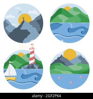 Cerchi le icone dei paesaggi estivi con viste differenti sul mare, sulle montagne e sulle colline. Illustrazione vettoriale in stile piatto. Illustrazione Vettoriale
