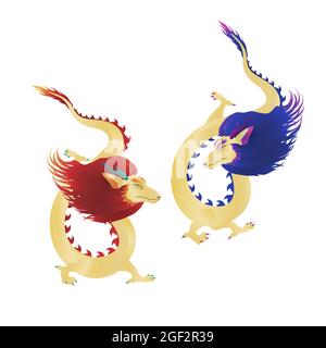2 graziosi draghi tradizionali dell'Asia dorata o della Cina Illustrazione Vettoriale