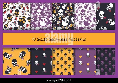 Set di 10 coloratissimi motivi senza cuciture con teschi stilizzati Illustrazione Vettoriale