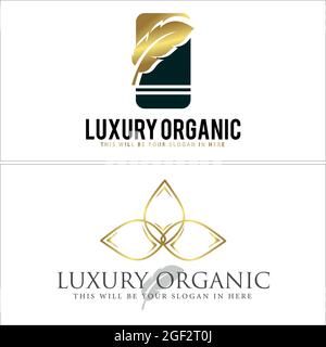 Design con logo vettoriale in piuma e foglia di lusso Illustrazione Vettoriale
