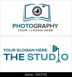Studio di formazione fotografica con macchina fotografica e design del logo della combinazione del libro Illustrazione Vettoriale