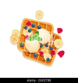 Waffle belgi con gelato e frutta Illustrazione Vettoriale