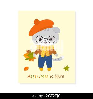 Gatto carino con foglie. Biglietto d'auguri l'autunno è qui. Stile cartoon flat. Illustrazione vettoriale Foto Stock