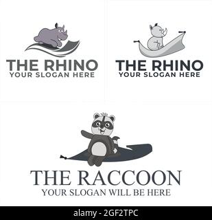 Simpatico personaggio animale con logo rhino e raccoon Illustrazione Vettoriale