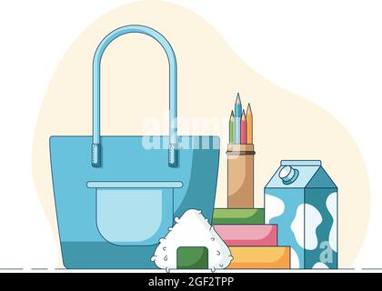 Concetto di un pranzo scolastico, onigiri e latte di fronte a un multicolore libri, matite e borsa blu shopper. Illustrazione in stile piatto isolato su Illustrazione Vettoriale