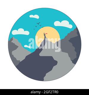 Etichetta circolare vettoriale di paesaggio semplice di una montagna affilata, modello di sfondo. Illustrazione vettoriale in stile piatto. Illustrazione Vettoriale