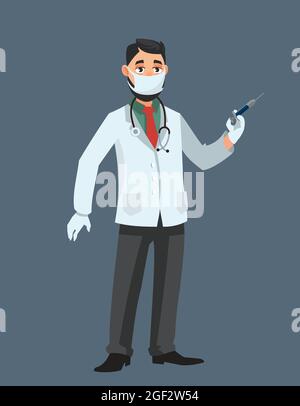 Siringa di trattenimento del medico. Uomo in stile cartone animato. Illustrazione Vettoriale