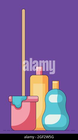 Illustrazione cartoon di un secchio con un mop di fronte a un sapone liquido e impianti di pulizia in tubi di plastica isolati su uno sfondo viola. Vettore Illustrazione Vettoriale