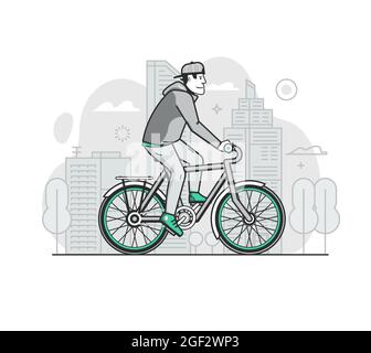 Line Man Riding Bicycle su City Street Illustrazione Vettoriale